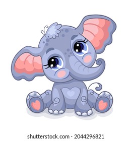 Cute sitting baby elephant on white background. Cartoon character. Vector isolated colorful illustration. For print and design, poster, card, sticker, room decor, party, kids apparel