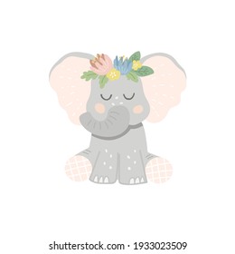 Cute sitting baby elephant with a wreath of flowers on his head. Vector illustration in cartoon style
