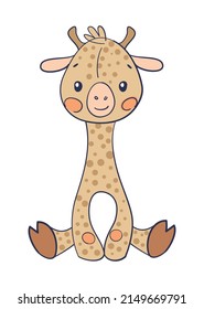 Cute sitting baby giraffe, jungle animal in the zoo, children s toy. Flat vector icon for kids.