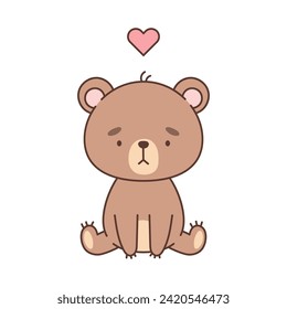 El oso sentado, lindo, con el corazón encima. Animales bonitos al estilo kawaii. Dibujos para niños. Ilustración vectorial aislada