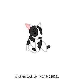 Cute Sitting Black and White Coat Bull Terrier Puppy Cartoon Vector Illustration for Kids Shirt, Website or Greeting Card