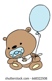 Cute Sitting Brown Teddy Bear with Dummy, Bib and Balloon