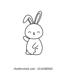 Cute sitting bunny, black and white rabbit waving paw