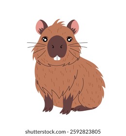 Cute sitting capybara. Funny flat animal. Kawaii hand drawn capibara print design for sticker, postcard, tshirt. Illustration isolated on white background.