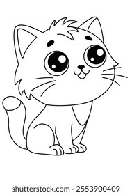 Cute sitting cat with big eyes - vector linear picture for coloring with a pet. Outline. Kitten, children's simple drawing for a coloring book