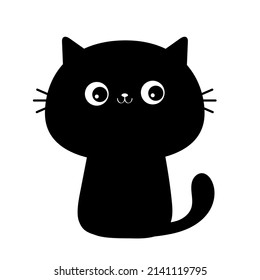 Cute sitting cat. Cute cartoon funny character. Kawaii kitten baby animal. Love Greeting card. Black silhouette sticker. Flat design style. Happy Valentines Day. White background. Isolated. Vector