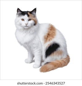 Gato sentado bonito com pelo fofo e cauda fofa, preto branco e laranja, ilustração vetor realista isolado no fundo branco