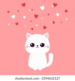 Cute sitting cat. Funny face head. White fluffy kitten. White red hearts. Happy Valentines Day. Cartoon funny kitty character. Kawaii animal in love. Greeting card. Flat design. Pink background Vector