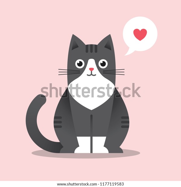 バブルとハートの形をした平らなかわいい猫イラスト 幸せな黒い子猫 おかしなラブシンボル のベクター画像素材 ロイヤリティフリー