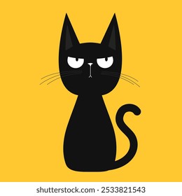 Cute sitting cat. Sad angry face head. Funny kitten. Black silhouette icon. Long ears. Kawaii pet animal. Happy Halloween. Cartoon funny character. Childish style. Flat design Yellow background Vector