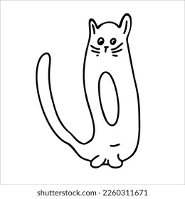 Cute sitting cat . Vector black and white hand-drawn doodles. Template, coloring book design, clipart, logo, sketch, icon.