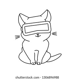 Cute sitting cat with VR glasses. Vector illustration, cute character in a minimaistic line art style. Monochrome, isolated on white background.
