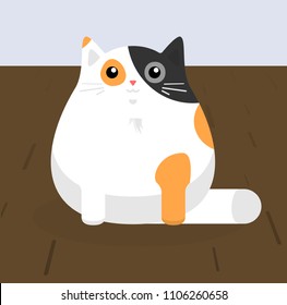 Cute sitting cat. White cat with red and black stains. Flat vector illustration