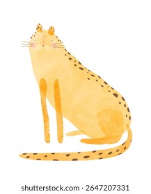 Cute Sitting Cheetah. Childish Drawing-like Vector Illustration Of Happy Leopard. Yellow Wild Cat On A White Background. Kids Room Decoration. RGB.