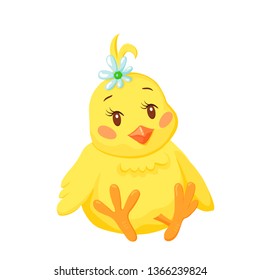 Cute sitting chicken baby girl, vector illustration