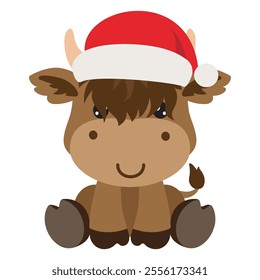 Cute sitting Christmas Highland baby cow vector cartoon illustration