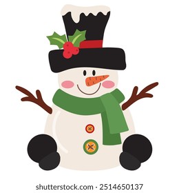 Cute sitting Christmas snowman vector cartoon illustration