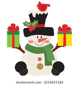 Cute sitting Christmas snowman vector cartoon illustration