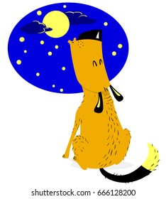 Cute sitting  dog. The dog barks and howls at the moon at night. Sky with cloud and stars. Vector illustration with cartoon pet