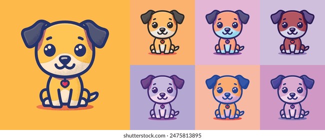 cute sitting dog doodle, heart collar, logo cartoon illustration