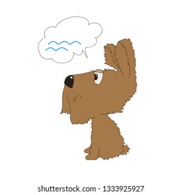 Cute sitting dog dream of the sea. Flat pet character portrait. Brown sad dog dream of not food. Hopeful expression animal. Funny dog think about the sea. Pedigree doggy hand drawn vector illustration