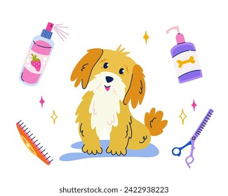 Cute sitting dog in flat cartoon style. Set of equipment and cosmetics for pet grooming. Vector isolated illustration for sticker, banner, poster, postcard