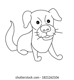 Cute sitting doggie, pet with big adorable nose, animal theme coloring page, vector outline illustration for design and creativity