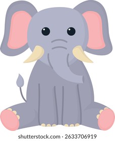 Cute sitting elephant isolated on a transparent background. Illustration of adorable zoo animal in childish style