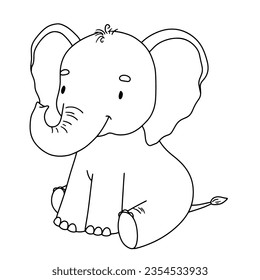 Cute sitting elephant. Outline illustration for kids. Line safari animal for coloring page.