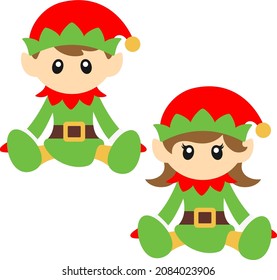 Cute Sitting Elf Boy and Girl Vector with Transparent Background