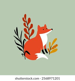 Cute sitting fox among forest plants, branches and leaves isolated on green background. Abstract vector illustration of wild animal.