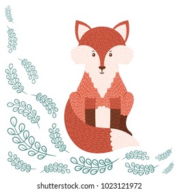 Cute sitting fox. Isolated icon on herbal background