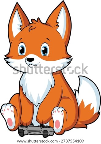 Cute sitting fox playing videogame	