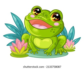 Carácter de rana sentada con flores de lirio acuático. Un animal gracioso al estilo de las caricaturas. Ilustración vectorial aislada en fondo blanco. Para tarjeta, afiche, diseño, pegatinas, decoración, camiseta, ropa infantil