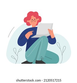 Cute sitting girl with glasses reading a paper letter. Young smiling lady receiving sheet envelope cartoon vector illustration