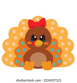 Cute sitting girly turkey vector cartoon illustration. Thanksgiving turkey.