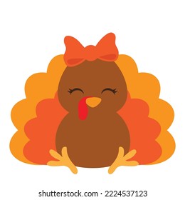 Cute sitting girly turkey vector cartoon illustration. Thanksgiving turkey.