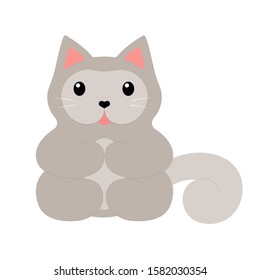 Cute sitting gray cat with heart shaped nose, paws on the tummy, tail on the side. Cartoon character isolated on white background. Vector illustration for stickers, prints, posters, for cat lovers.