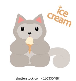 Cute sitting gray cat with heart shaped nose eating ice cream. Cartoon character isolated on white background. Vector illustration for stickers, prints, posters, for cat lovers.