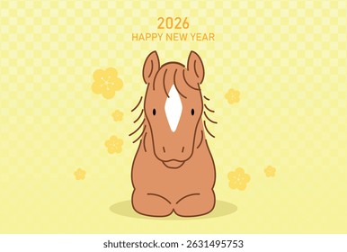 Cute sitting horse with flowers pattern background. Happy chinese new year of the horse 2026 greeting card vector. 