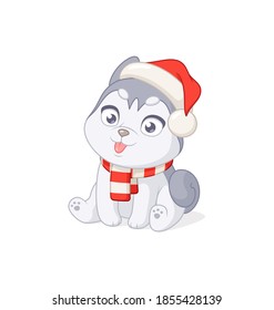 Cute sitting husky puppy in Christmas Santa Claus hat. Cartoon vector illustration isolated on white background.