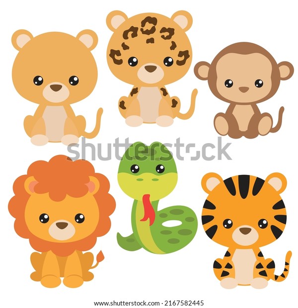 Cute sitting jungle baby animals vector\
cartoon illustration