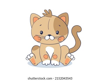 Cute sitting kitten, simple flat cartoon illustration of a pet. Character for a veterinary clinic, love for animals. Vector illustration.