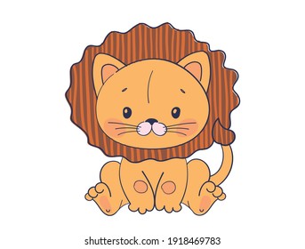 Cute sitting lion cub. Jungle animal character. Flat cartoon character, toy or doll for a child. Zoo vector illustration isolated on white background.