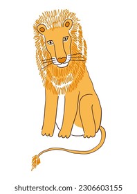 Cute sentado león dibujado a mano ilustración de caricatura, sketch. Arte de línea, diseño de estilo de dibujo, vector aislado. Animales tropicales, vida silvestre de la jungla, gatos grandes, safari, naturaleza, elemento impreso