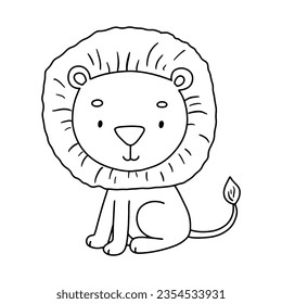 Cute sitting lion. Outline illustration for kids. Line safari animal for coloring page.