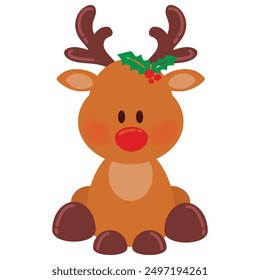 Cute sitting little baby reindeer vector cartoon illustration