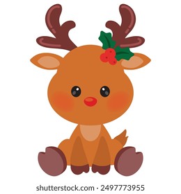 Cute sitting little baby reindeer vector cartoon illustration