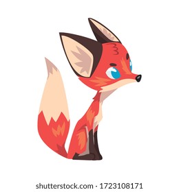 Cute Sitting Little Fox, Lovely Wild Blue Eyed Forest Animal Cartoon Character, Side View Vector Illustration