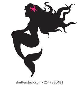 Cute  sitting mermaid girl silhouette  vector cartoon illustration